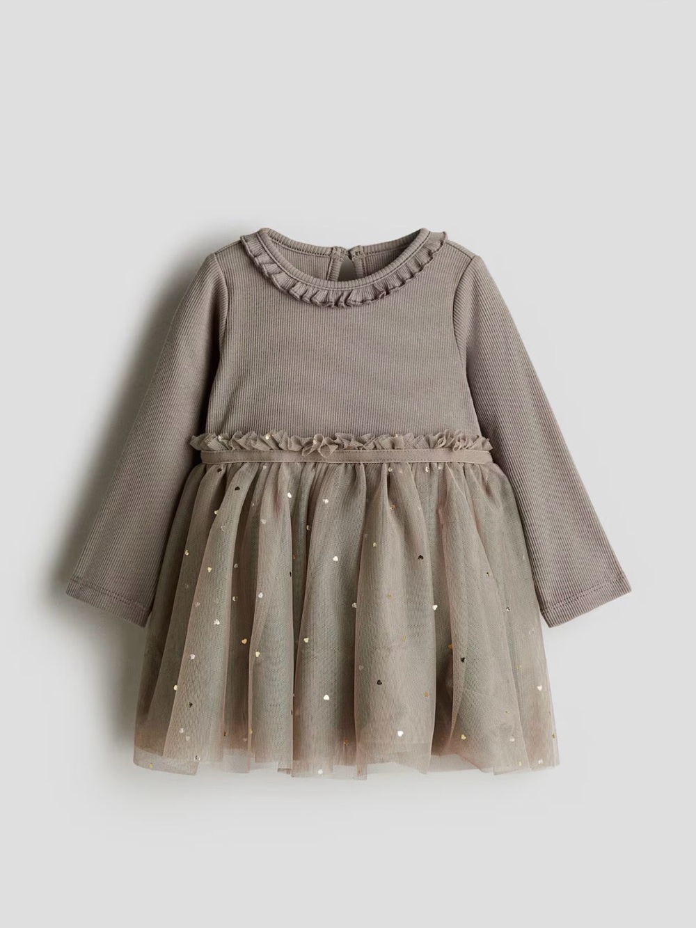 Baby Girl Long Sleeve Tulle Dress in Taupe with Gold Sparkle